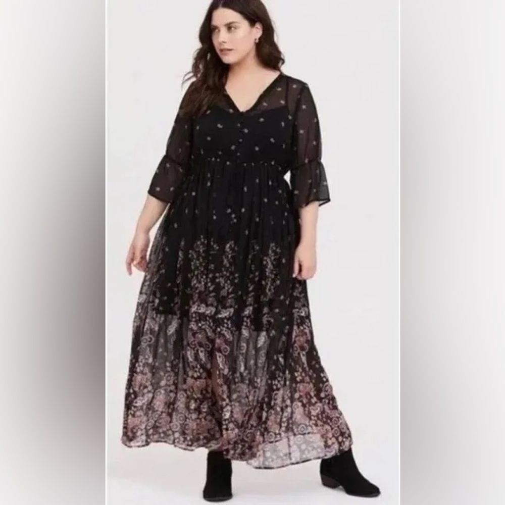 Black Floral Chiffon Maxi Shirt Dress Size 0 EUC